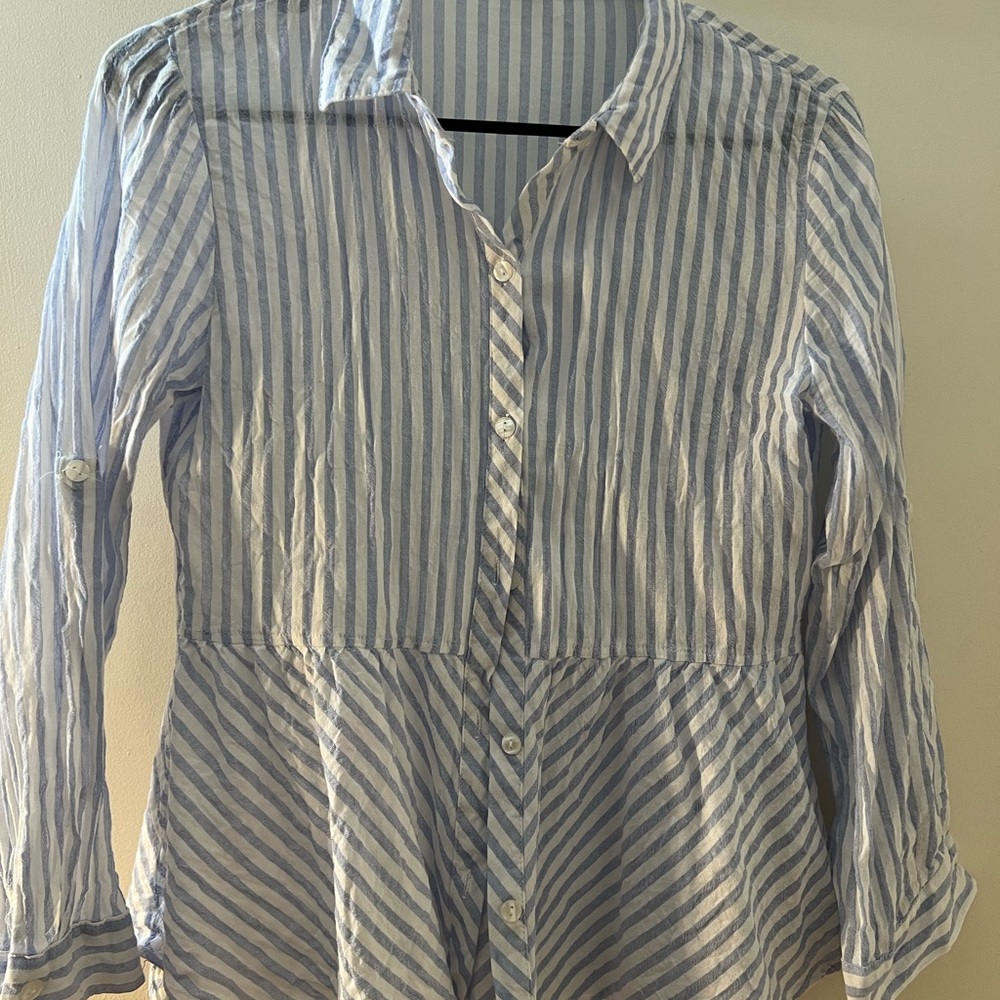 Love Notes White and Gray Button Down Shirt with Notched Collar